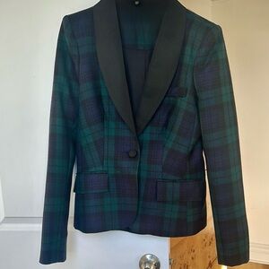 A.L.C. Black Watch Plaid Tuxedo Style Blazer w Satin Collar